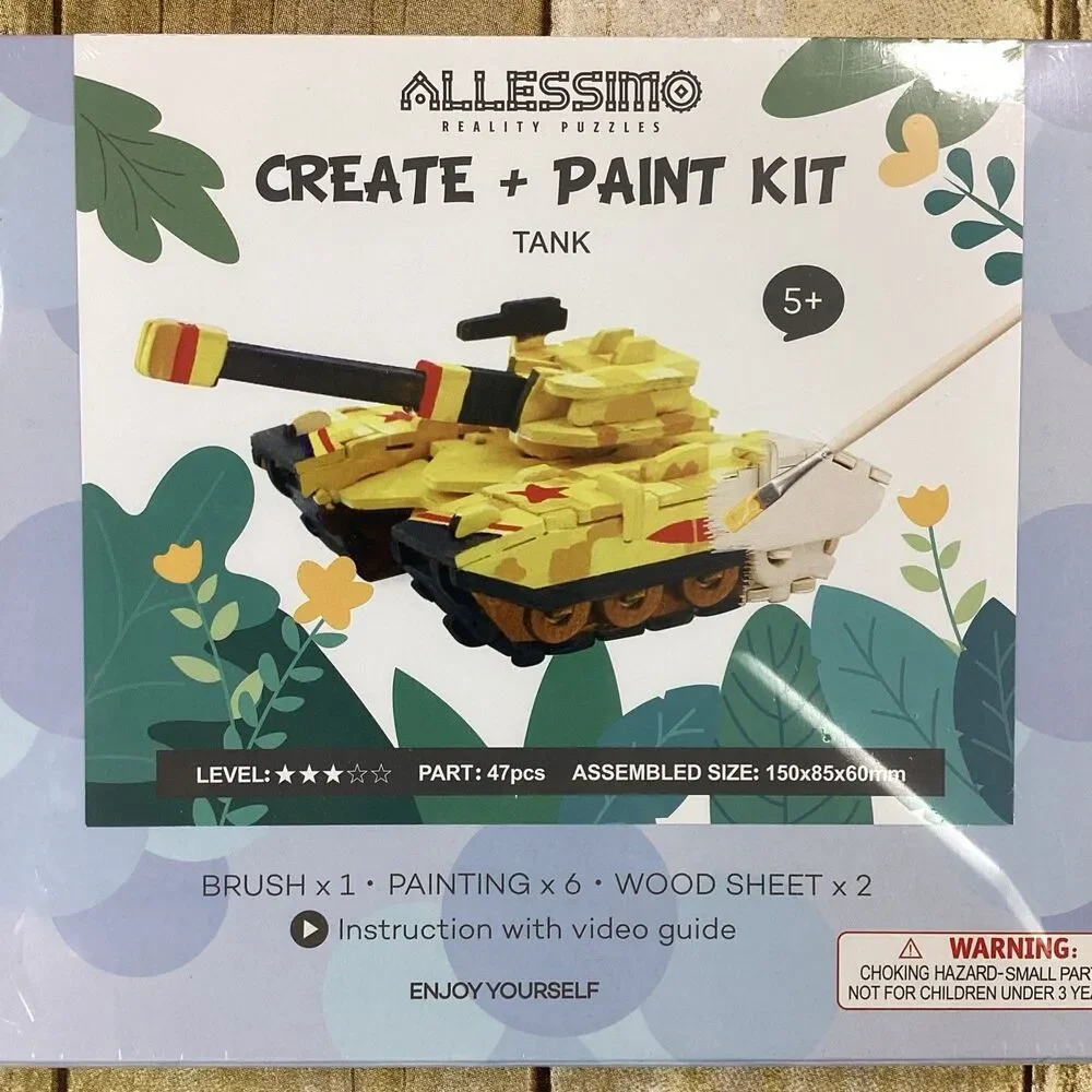 Allessimo 3D Wooden Tank Model Paint Kit Kids 47pcs New Sealed